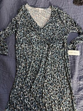 RAFAEL Blue and Black Patterned Wrap-Front Long Sleeve Dress